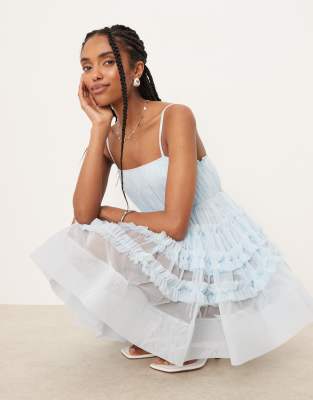 Lace & Beads tulle ruffle babydoll bodysuit mini dress in baby blue