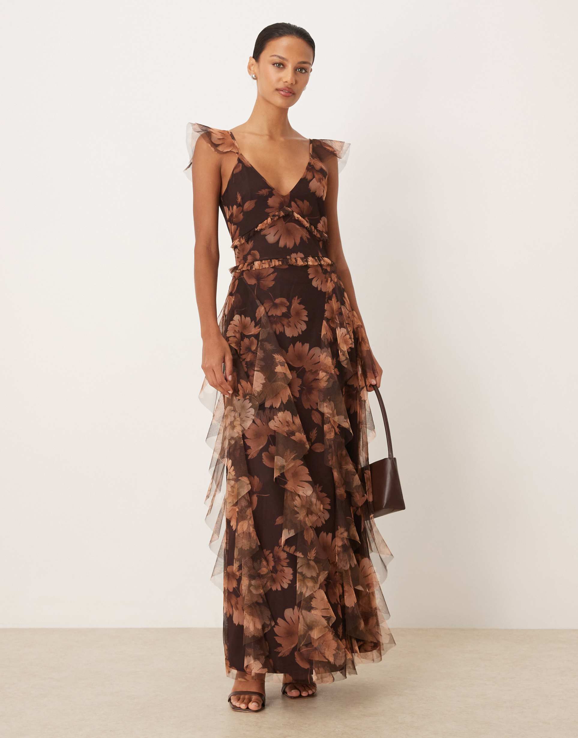 lace & beads tulle ruffle maxi dress in brown print