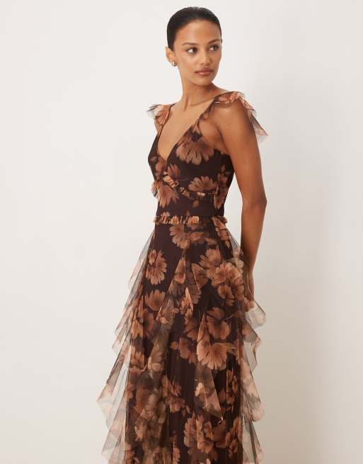 Lace & Beads tulle ruffle maxi dress in brown print | ASOS