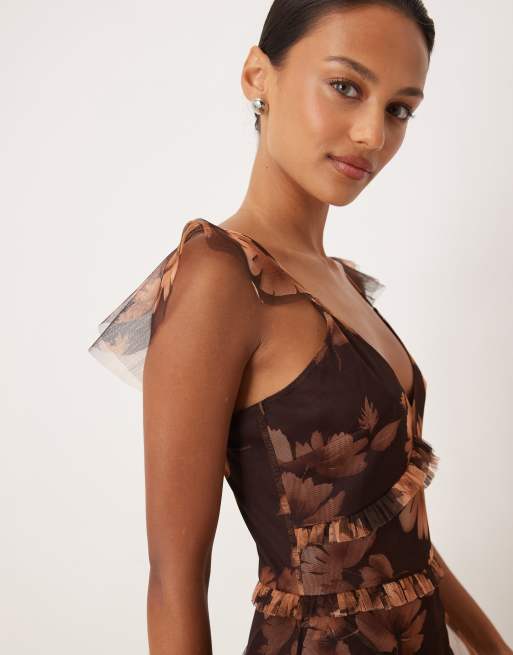 Lace & Beads tulle ruffle maxi dress in brown print