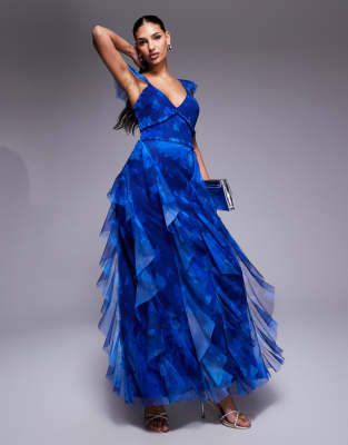 tulle ruffle maxi dress in cobalt floral-Blue