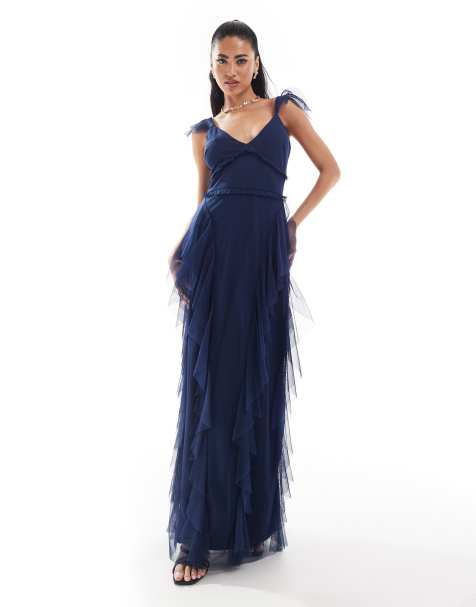 Lace & Beads tulle ruffle maxi dress in navy - view 1