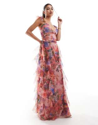 Lace & Beads Tulle Ruffle Maxi Dress In Red And Cobalt Floral-multi