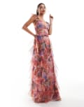 [Lace & Beads] Lace & Beads tulle ruffle maxi dress in red and cobalt floral-Multi 8 Red/Cobalt Floral
