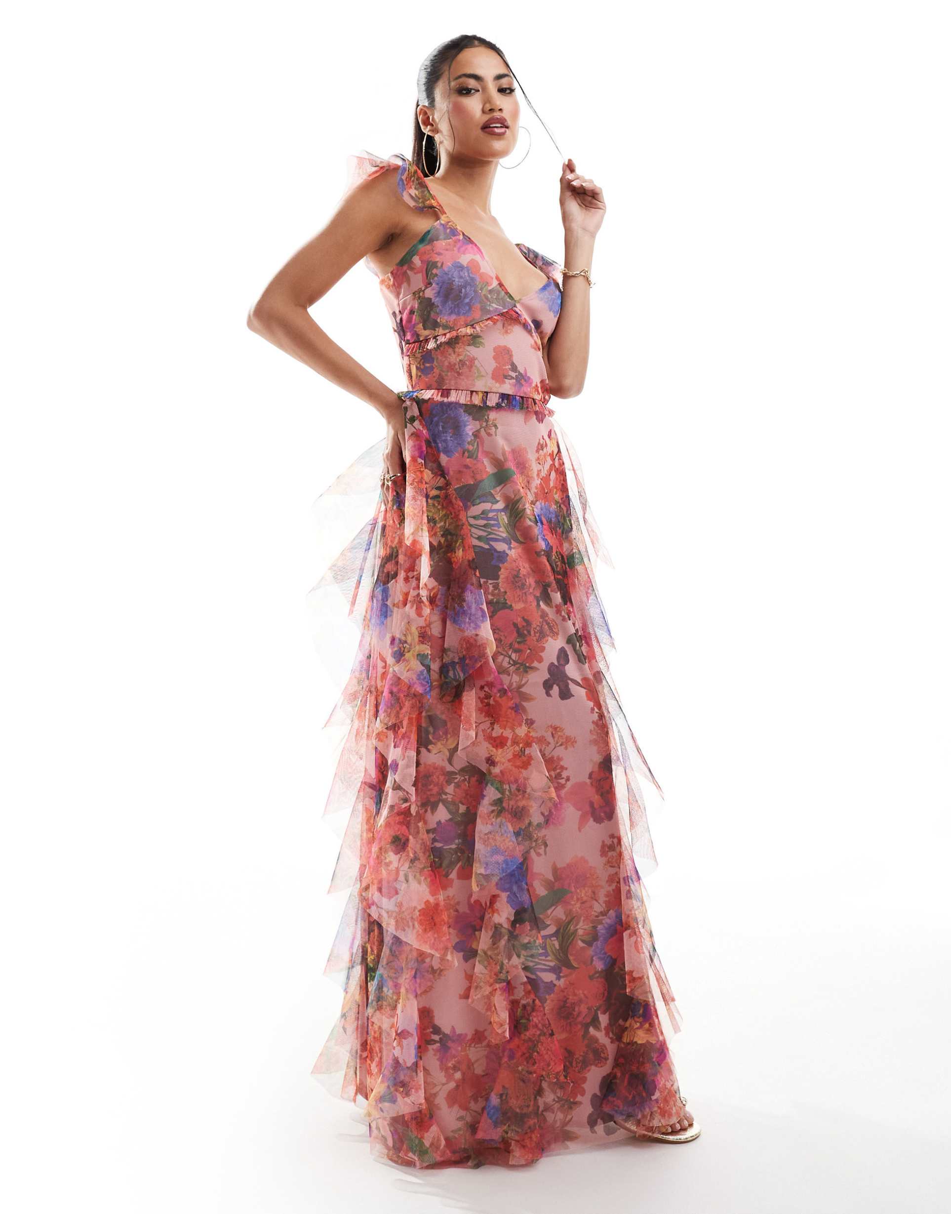 lace & beads tulle ruffle maxi dress in red and cobalt floral