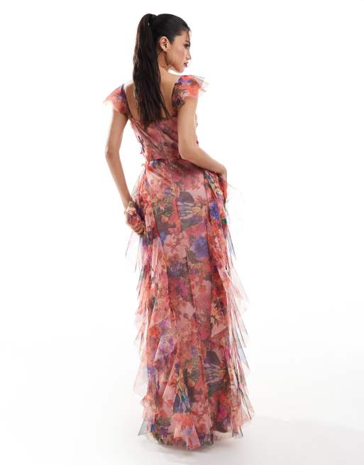 Lace & Beads tulle ruffle maxi dress in red and cobalt floral, 3 of 4