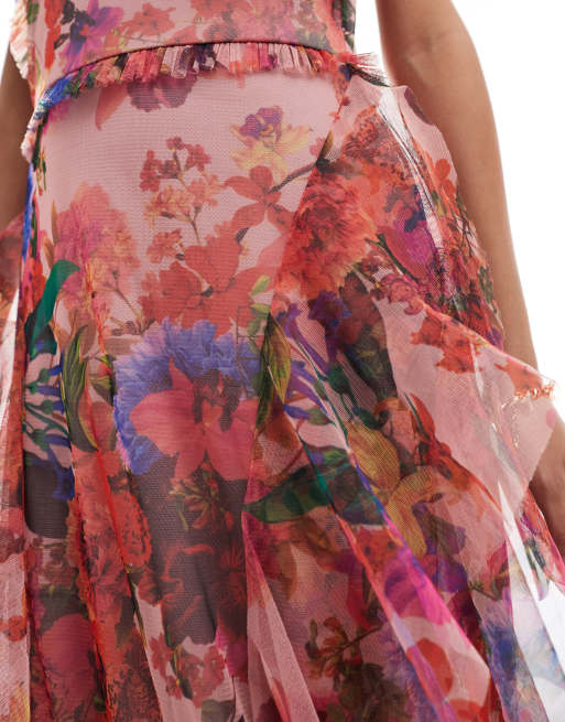 Lace Beads tulle ruffle maxi dress in red and cobalt floral ASOS