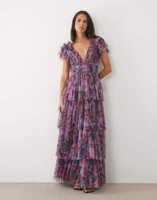 Lace & Beads Tulle Ruffle Shoulder Plunge Neck Tiered Maxi Dress In Purple