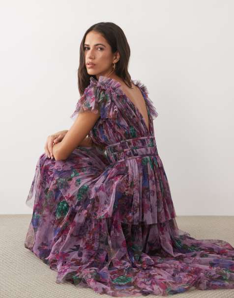 Lace & Beads tulle ruffle shoulder plunge neck tiered maxi dress in purple floral - view 1
