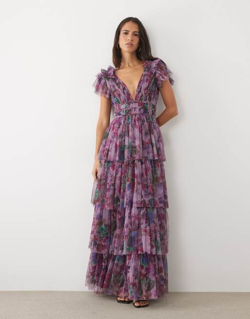 Lace & Beads tulle ruffle shoulder plunge neck tiered maxi dress in purple floral