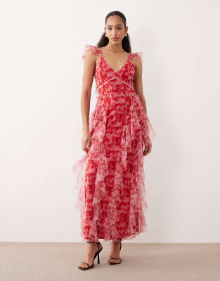 Lace & Beads Tulle Ruffled Midaxi Dress In Pink