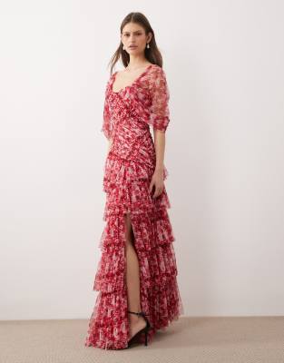 Lace & Beads tulle ruffled skirt slit detail maxi dress in red and pink floral