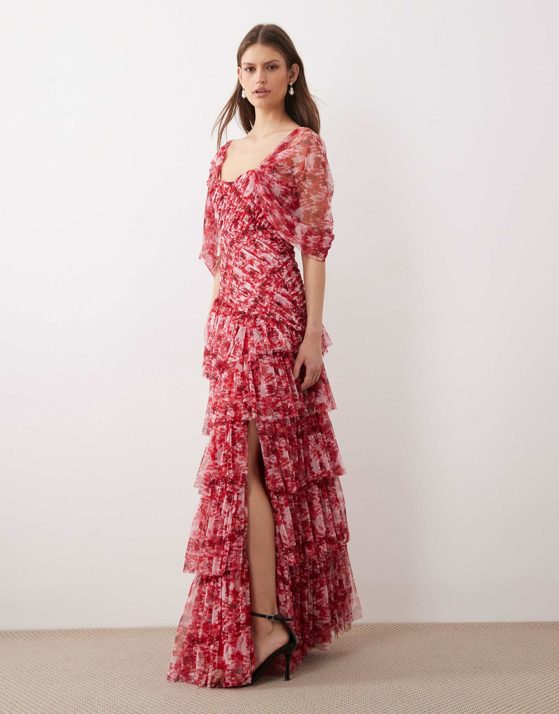 lace & beads tulle ruffled skirt slit detail maxi dress in red and pink floral