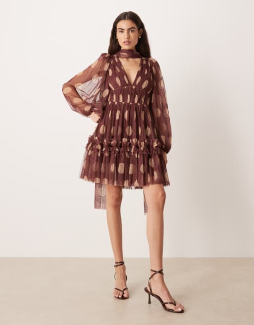 Lace & Beads tulle scarf neck mini dress in rose brown polka dot, 2 of 4