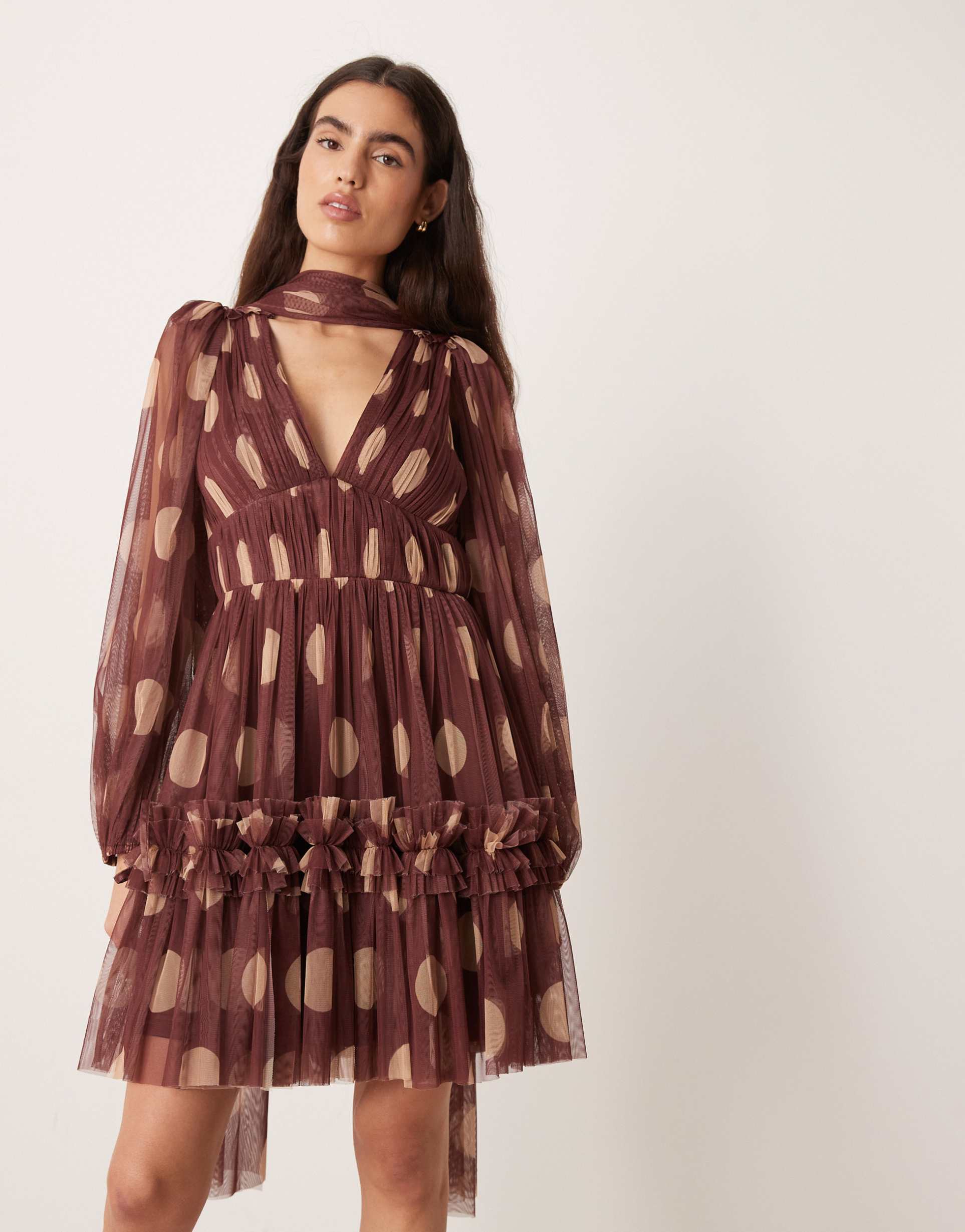 lace & beads tulle scarf neck mini dress in rose brown polka dots