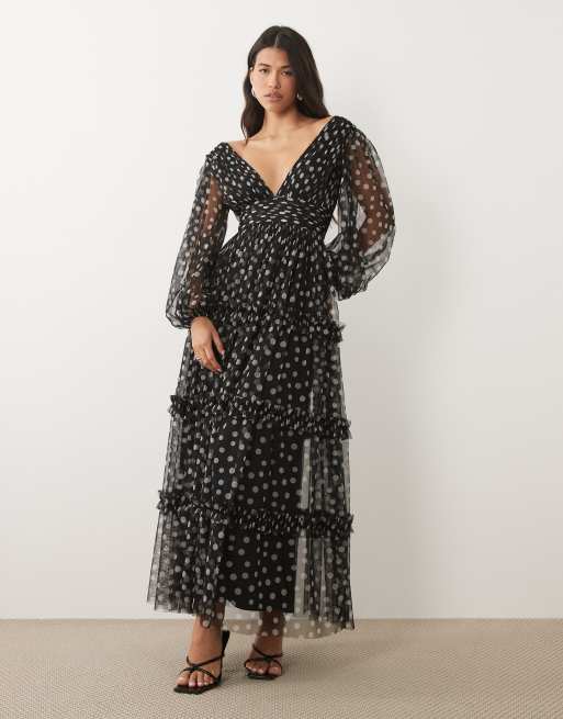 black sheer polka dot dress Lace & Beads - Tiered Maxi - Women - Polyester - 2 US Black bridesmaid dresses with Model_Inga Model is wearing XSSlip Size:Small 8