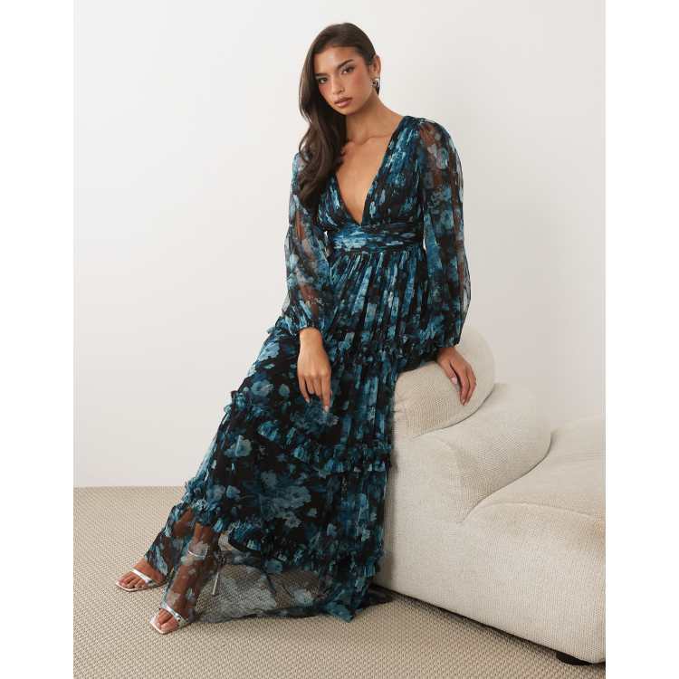 asos edition floral beaded mesh dress with balloon sleeve Lace & Beads tulle sheer balloon sleeve plunge neck tiered maxi dress in  blue floral