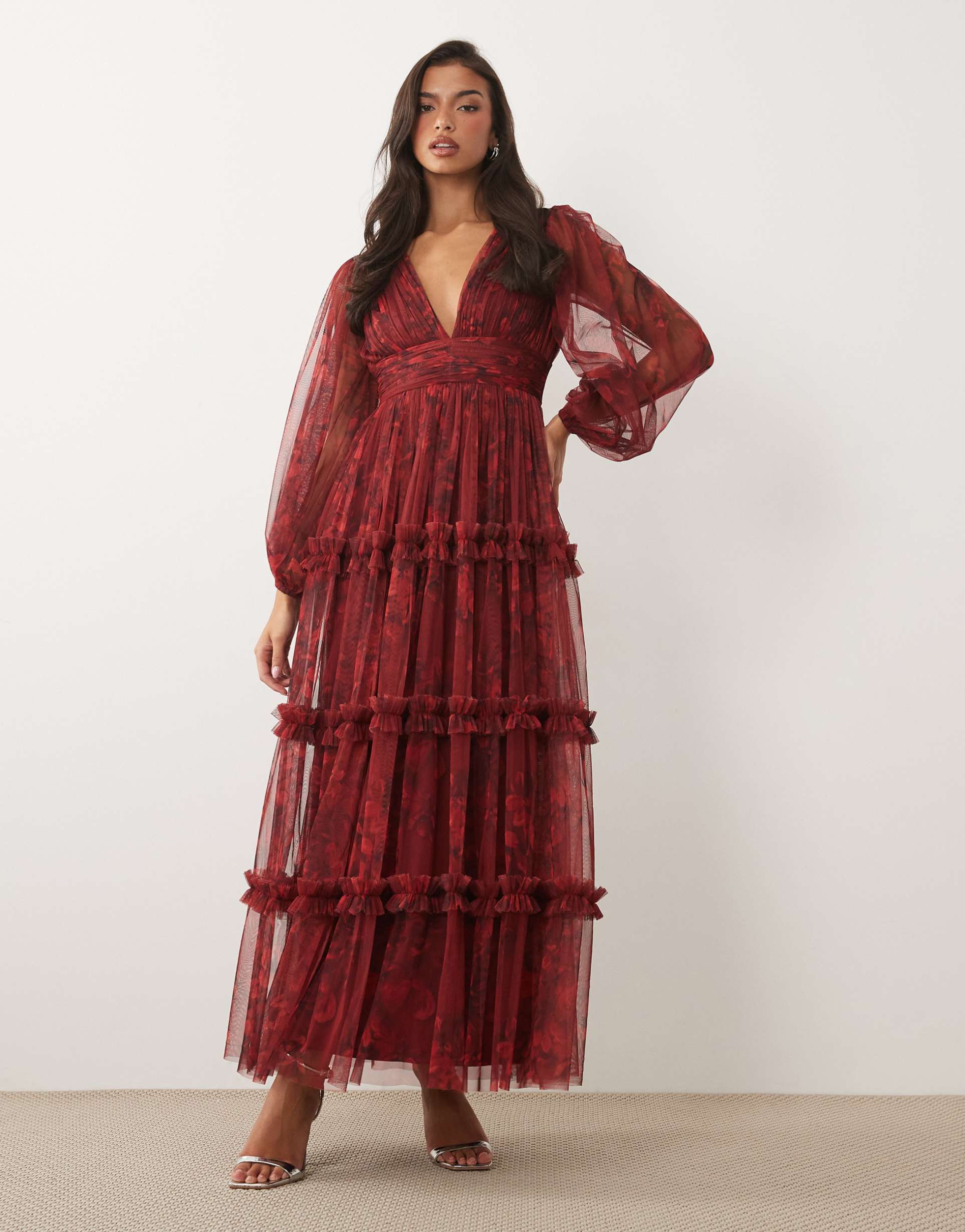 lace & beads tulle sheer balloon sleeve plunge neck tiered maxi dress in new floral