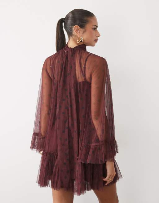 Lace & Beads tulle sheer overlay bell sleeve ruffle hem mini dress in burgundy polka dot, 2 of 4