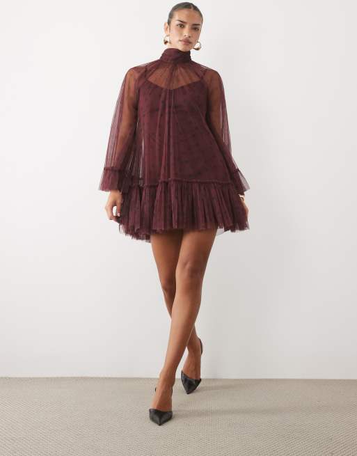 Lace & Beads tulle sheer overlay bell sleeve ruffle hem mini dress in burgundy polka dot, 3 of 4