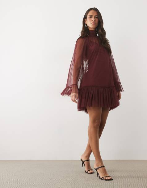 Lace & Beads tulle sheer overlay bell sleeve ruffle hem mini dress in burgundy - view 1