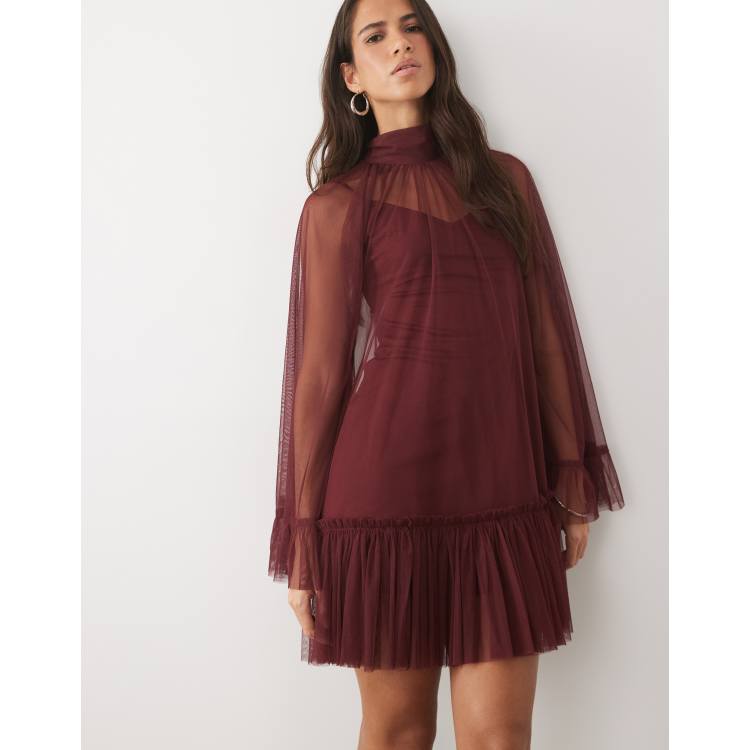 Lace & Beads tulle sheer overlay bell sleeve ruffle hem mini dress in burgundy