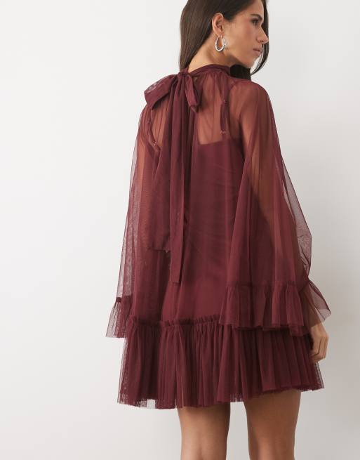 Lace & Beads tulle sheer overlay bell sleeve ruffle hem mini dress in burgundy, 2 of 4