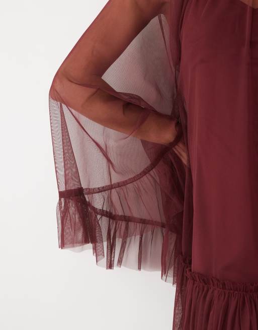 Lace & Beads tulle sheer overlay bell sleeve ruffle hem mini dress in burgundy, 3 of 4