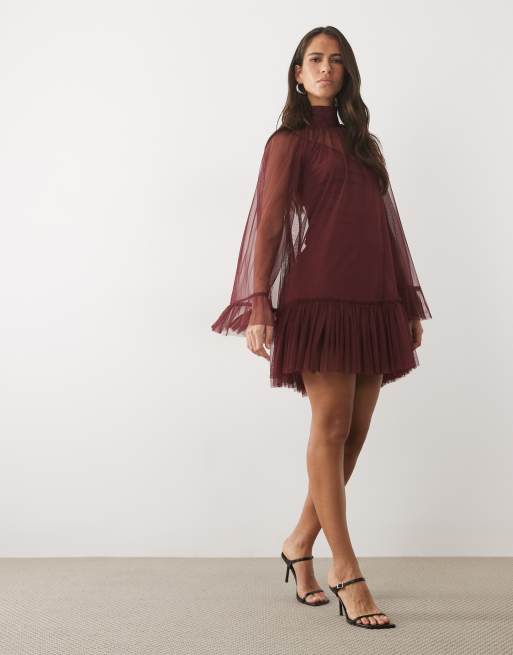Lace & Beads tulle sheer overlay bell sleeve ruffle hem mini dress in burgundy, 4 of 4