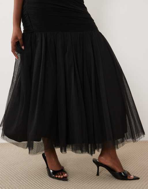 Lace & Beads tulle square neck fishtail maxi dress in black, 3 of 4