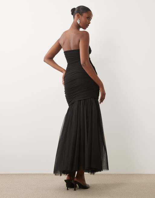 Lace & Beads tulle square neck fishtail maxi dress in black, 4 of 4