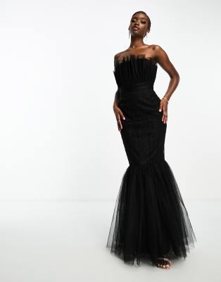 tulle strapless fishtail maxi dress in black