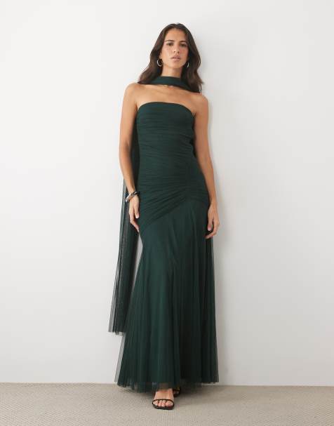 Lace & Beads tulle strapless ruched scarf detail maxi dress in emerald - view 1