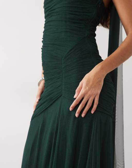 Lace & Beads tulle strapless ruched scarf detail maxi dress in emerald, 2 of 4