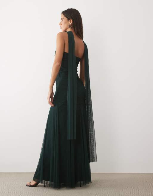 Lace & Beads tulle strapless ruched scarf detail maxi dress in emerald, 3 of 4