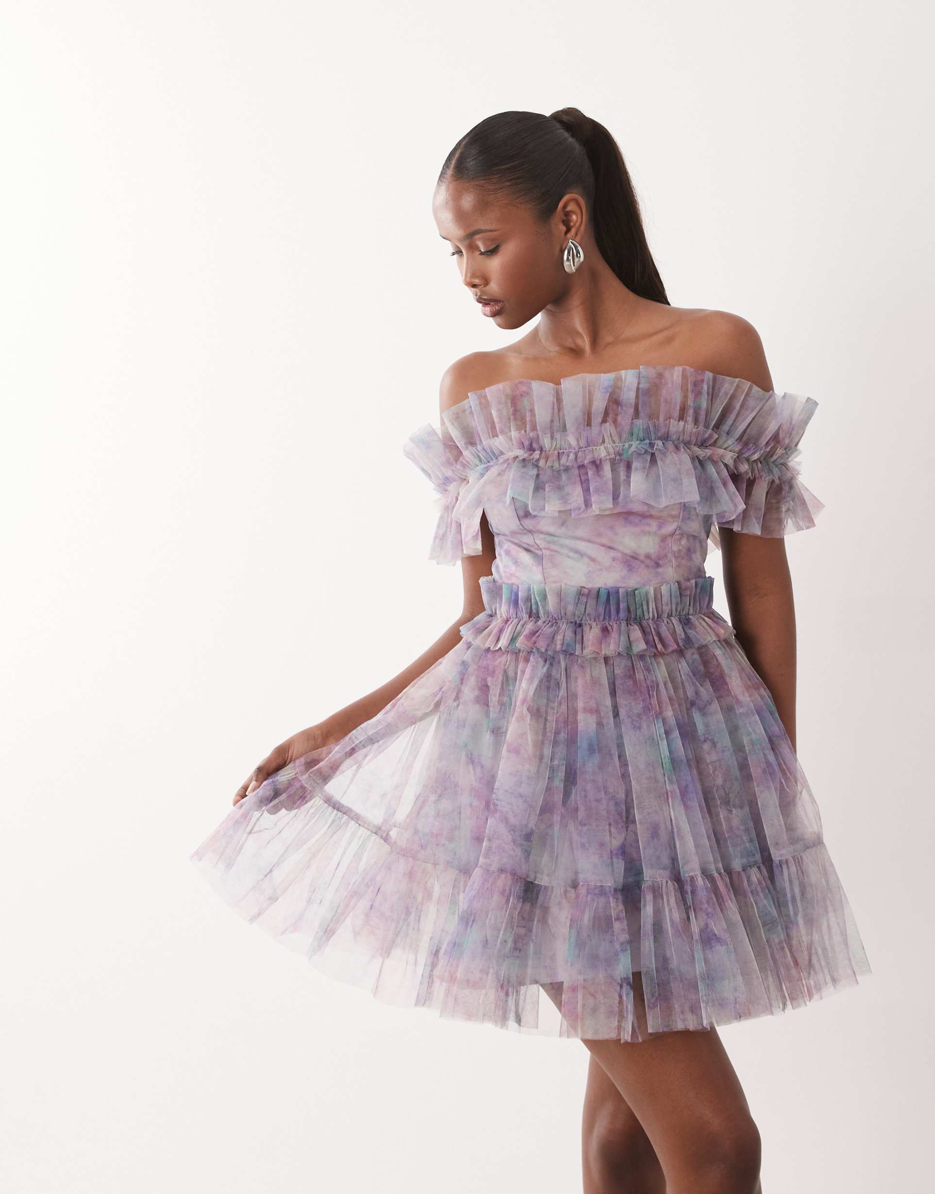 lace & beads tulle strapless ruffle detailing mini skater dress in purple abstract print