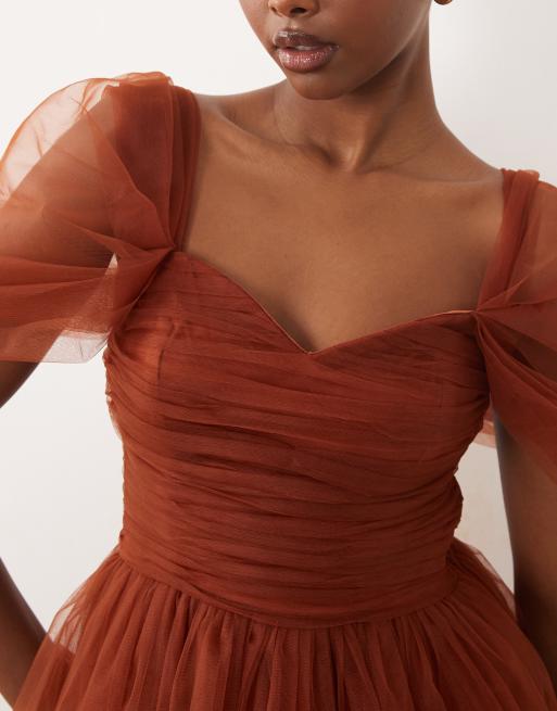 Lace & Beads tulle sweetheart neck puff sleeve tiered ruffle maxi dress in rust, 2 of 4