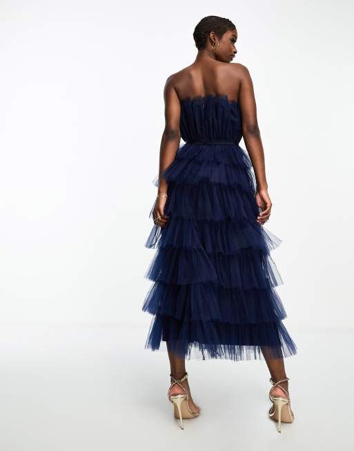 Lace & Beads tulle tiered bandeau midi dress in dark blue, 2 of 4
