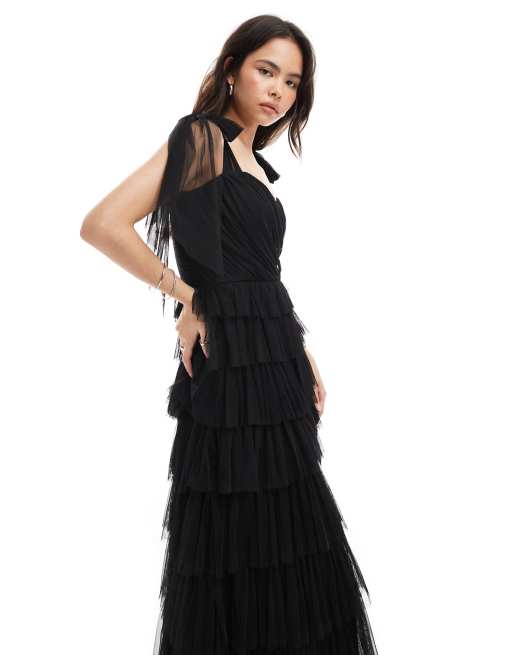 Lace & Beads tulle tiered bow shoulder detail maxi dress in black, 2 of 4