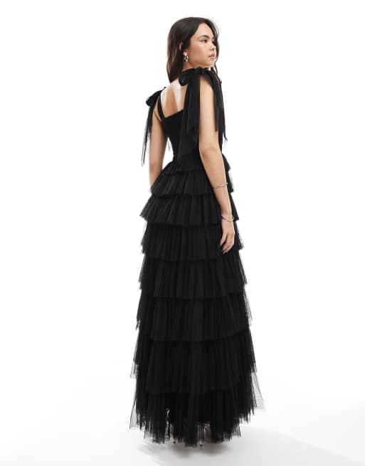 Lace & Beads tulle tiered bow shoulder detail maxi dress in black, 3 of 4