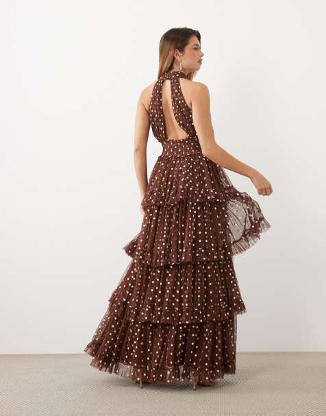 Lace & Beads tulle tiered high neck maxi dress in chocolate and cream polka dot - view 1