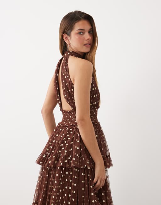 Lace & Beads tulle tiered high neck maxi dress in chocolate and cream polka dot, 4 of 4