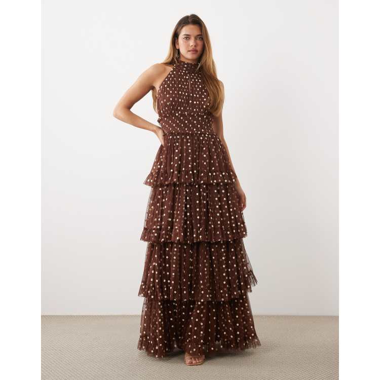 Lace & Beads tulle tiered high neck maxi dress in chocolate and