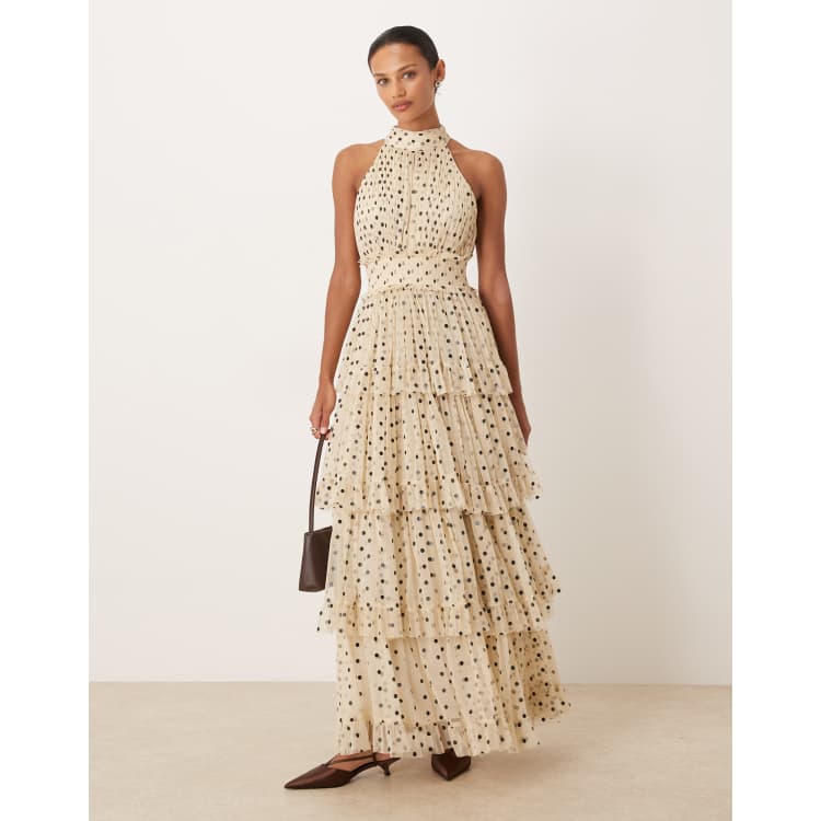 Lace & Beads tulle tiered high neck maxi dress in cream and black
