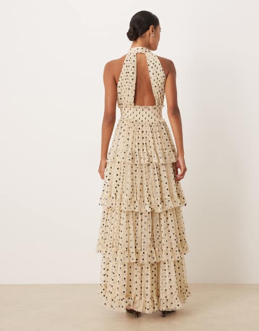 Lace & Beads tulle tiered high neck maxi dress in cream and black polka dot, 2 of 4