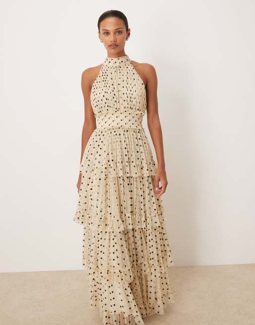 Lace & Beads tulle tiered high neck maxi dress in cream and black polka dot, 4 of 4