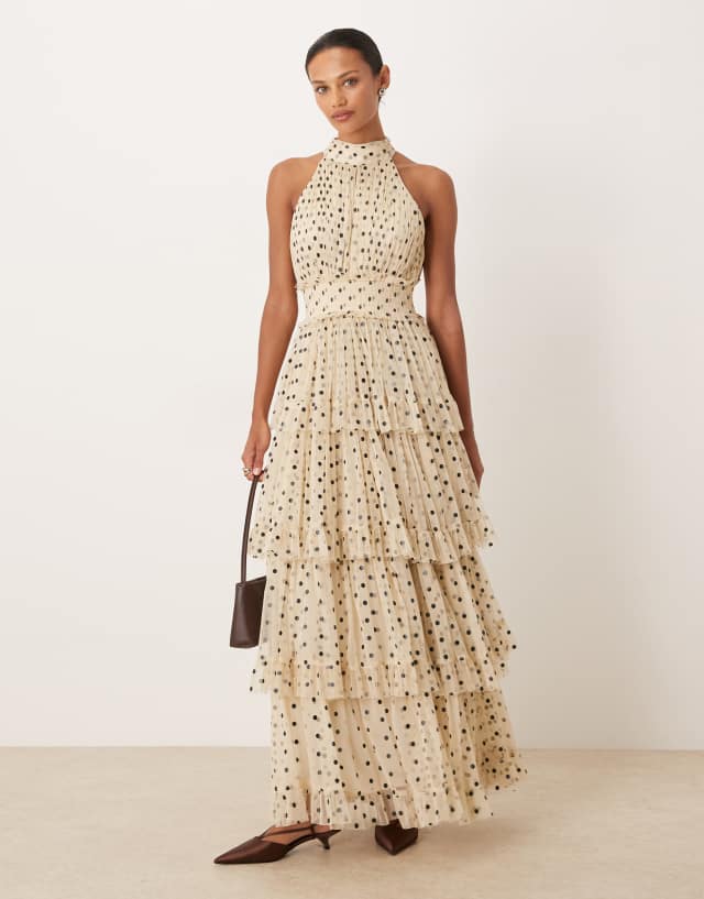 Lace & Beads tulle tiered high neck maxi dress in cream and black