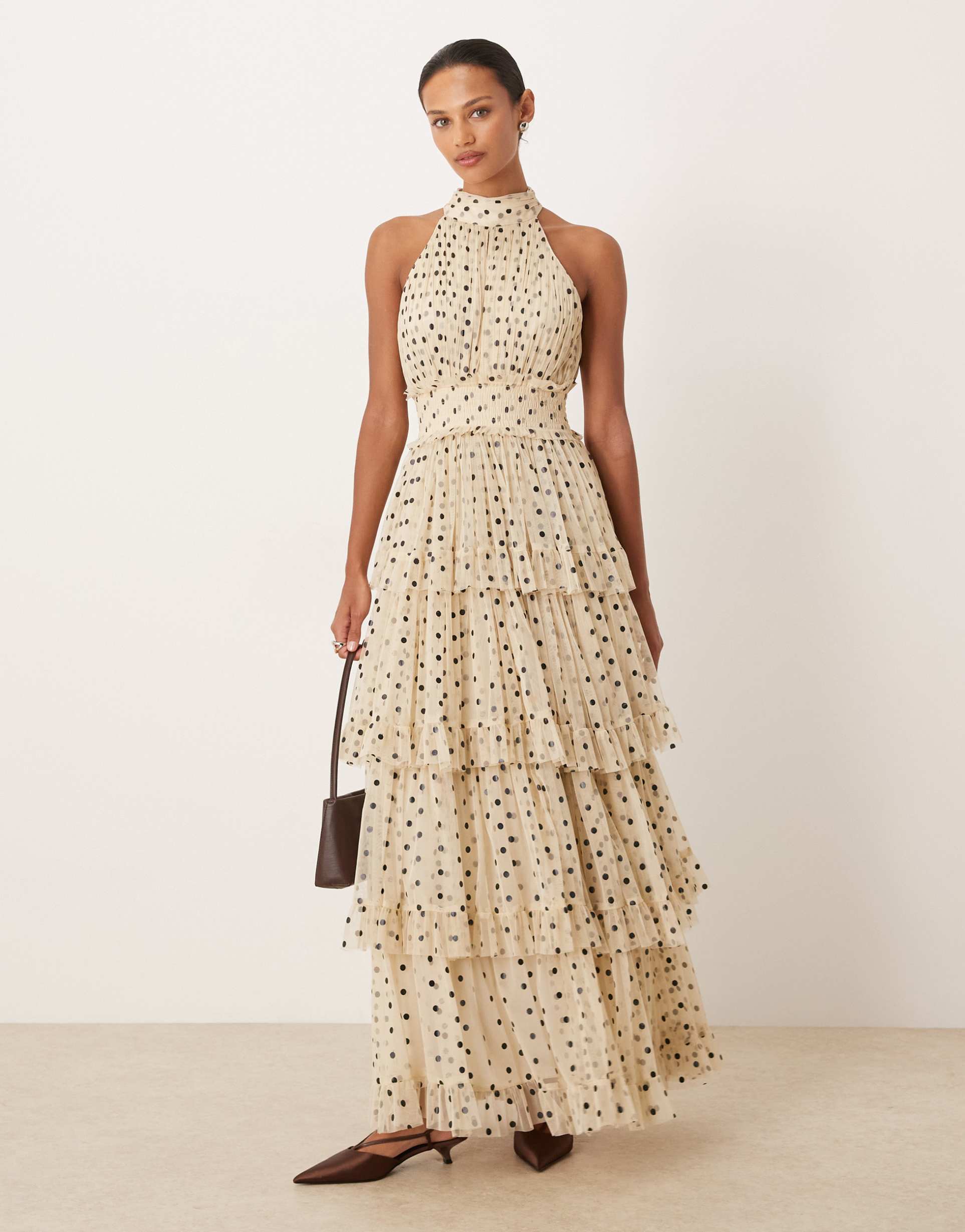lace & beads tulle tiered high neck maxi dress in cream and black polka dots