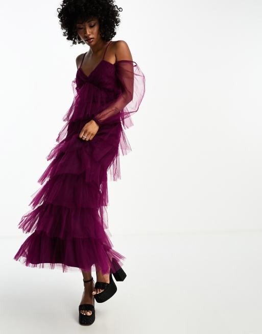 Lace & Beads tulle tiered maxi dress in mulberry