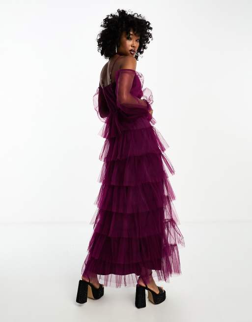 Lace Beads tulle tiered maxi dress in mulberry ASOS